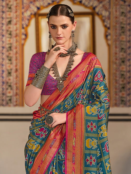 Multicolor Banarasi Silk Blend  Pichwai Patola Inspired Weaving Zari Border  Blouse Saree