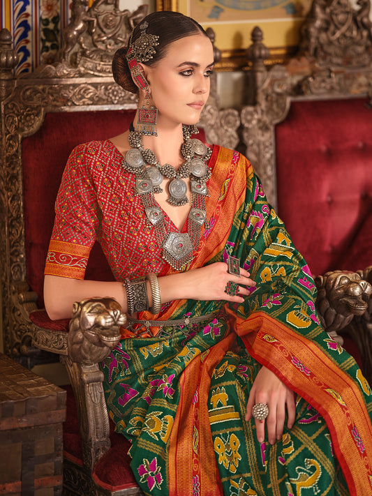 Dark Green Silk Blend Patola Inspired Weaving Zari Border Blouse Saree