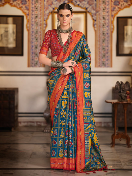 Patola Print Zari Weaving Silk Blend Kalamkari Motif Saree