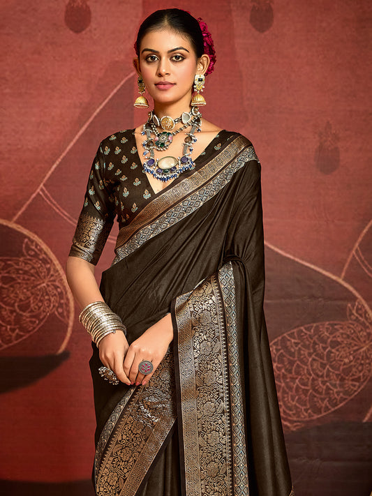 Brown Banarasi Silk Saree with Meenakari Pallu