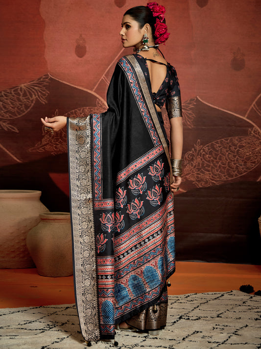 Black Silk Blend Heritage Ajrakh Print Saree