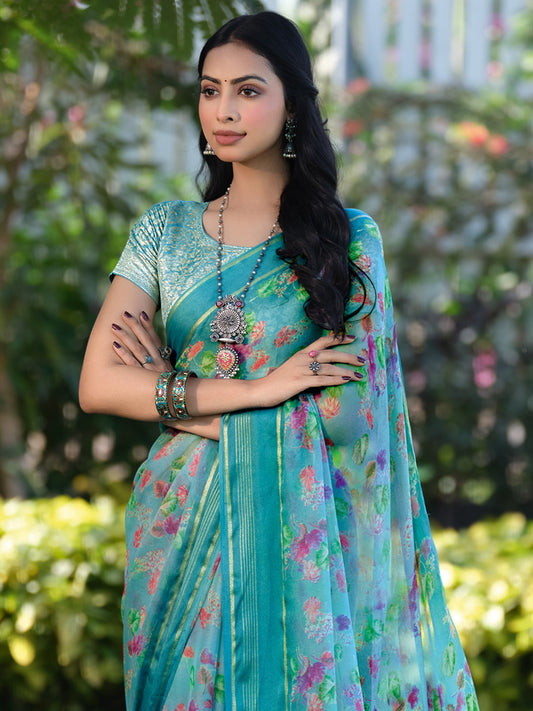 Sky Blue Floral Digital Print Silk Blend Saree