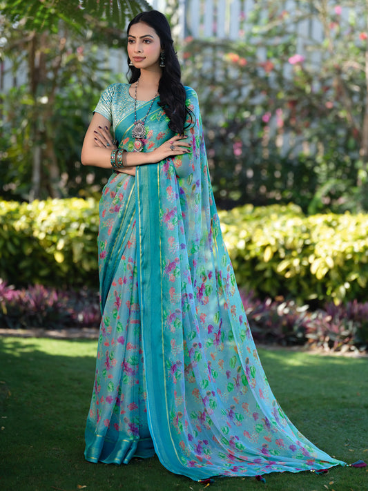 Sky Blue Floral Digital Print Silk Blend Saree