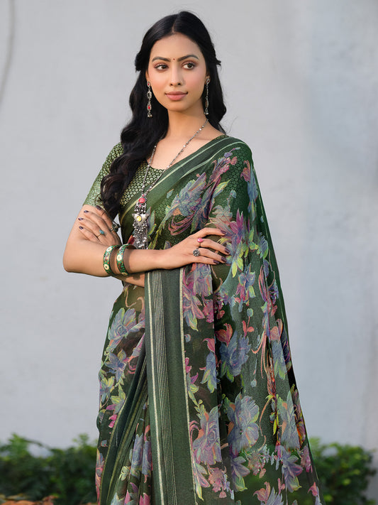Olive Green Floral Georgette Saree with Brocade Blouse