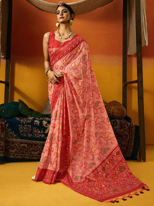 Peach And Red Ikat Style Cotton Silk Saree