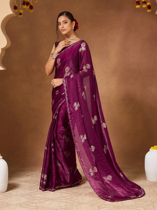 Wine Purple Embroidered Organza Saree with Stitched Blouse