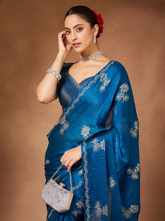 Teal Blue Satin With Beads Border Saree