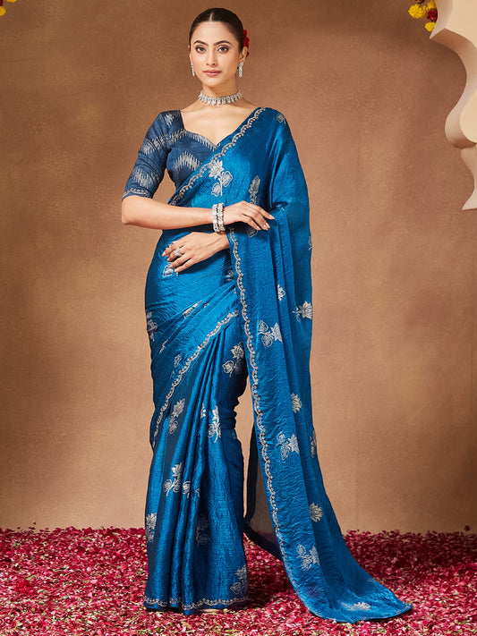 Teal Blue Satin With Beads Border Saree