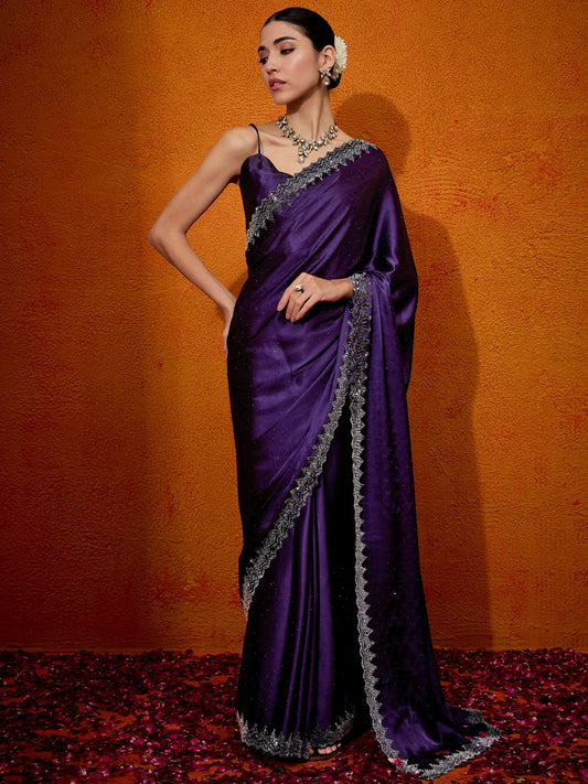Purple Satin Silk Stone Work Saree