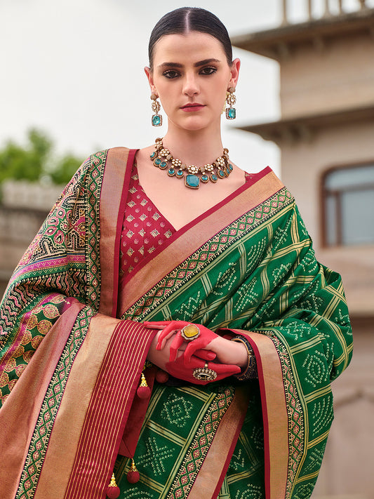Green & Maroon Bandhani Saree