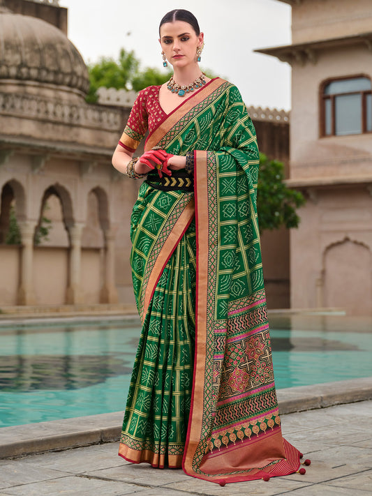 Green & Maroon Patola Style Silk Blend Saree
