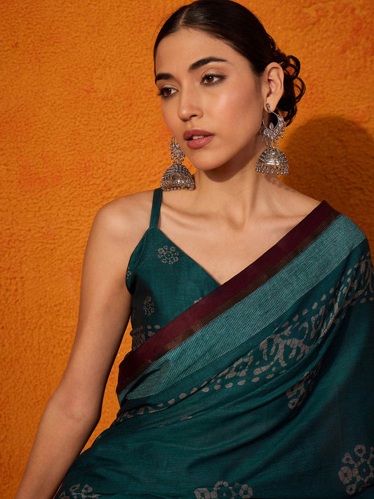 Deep Teal Green Chanderi Silk Cotton Saree