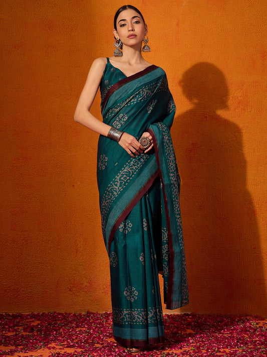 Deep Teal Green Chanderi Silk Cotton Saree