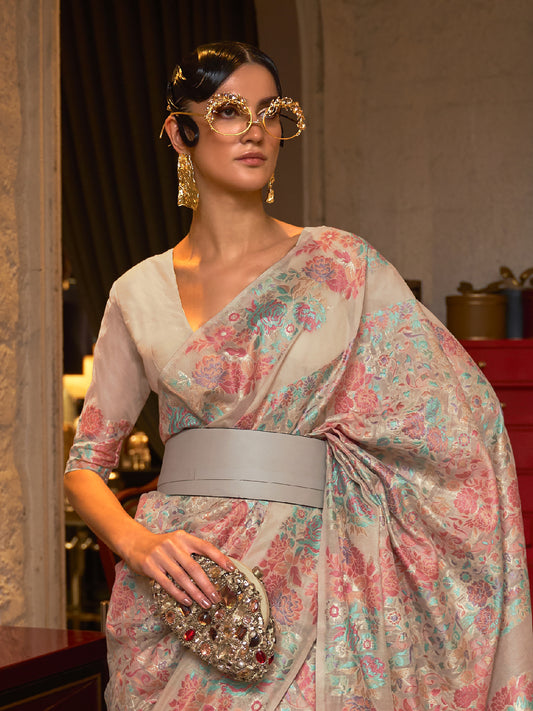 Vintage Floral Tanchoi Silk Saree