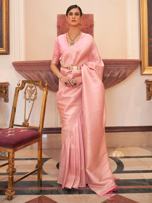 Pink Silk Blend Heritage Handloom Style Saree