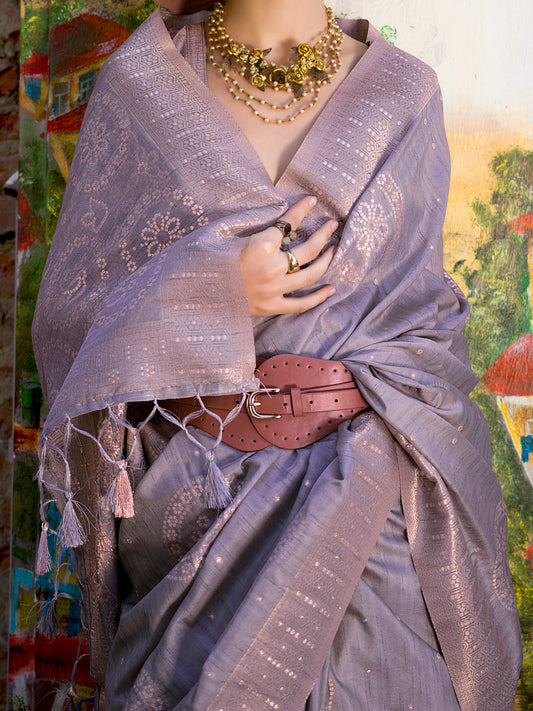 Lilac Grey Banarasi Silk Blend Saree