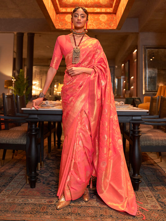 Peach Banarasi Style Silk Blend Gold Zari Woven saree