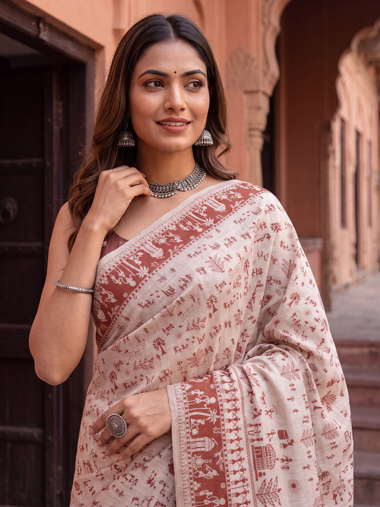 Cream Warli Print Cotton Saree