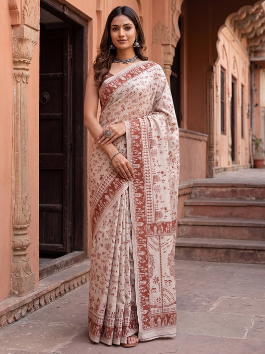 Cream Warli Print Cotton Saree