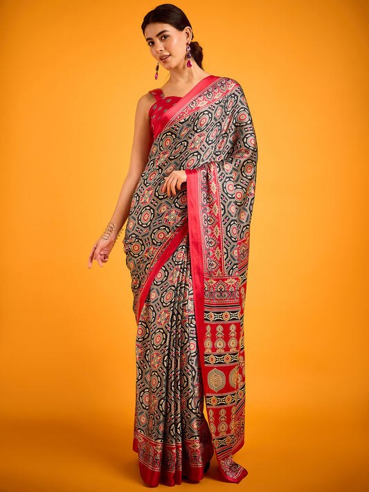Black & Red Ajrakh Fusion Saree