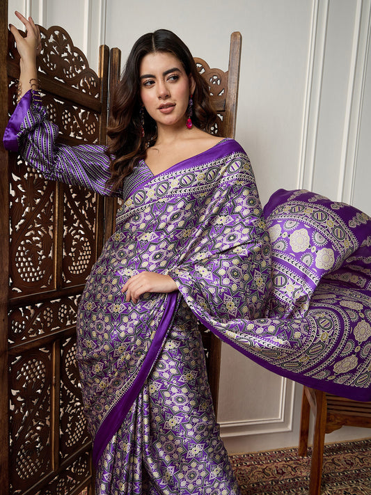 Royal Purple Ajrakh Print Satin Silk Saree