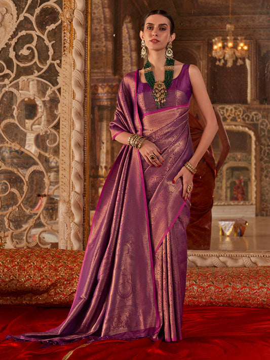 Purple  Kanjivaram  Woven  Silk Blend  Gold Zari Work  Blouse
