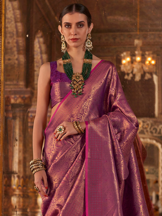 Purple  Kanjivaram  Woven  Silk Blend  Gold Zari Work  Blouse