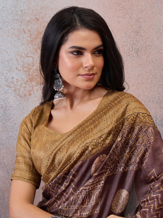 Brown Geometric Batik Printed  Cotton Silk Saree