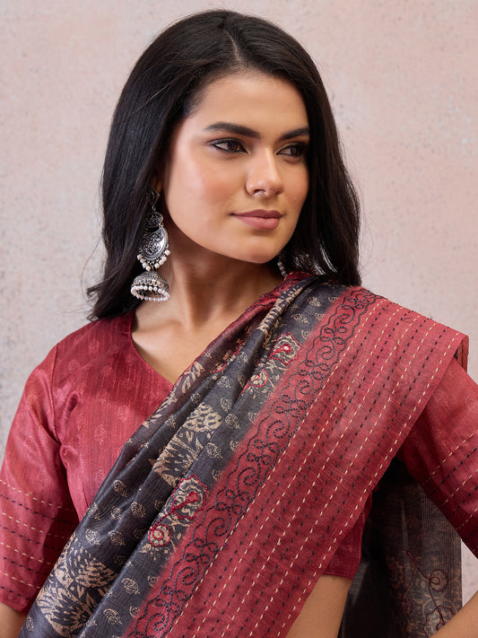 Charcoal Grey Ajrakh Printed  Cotton Silk Saree