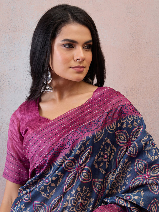 Indigo Blue Floral Motif Cotton Silk Saree