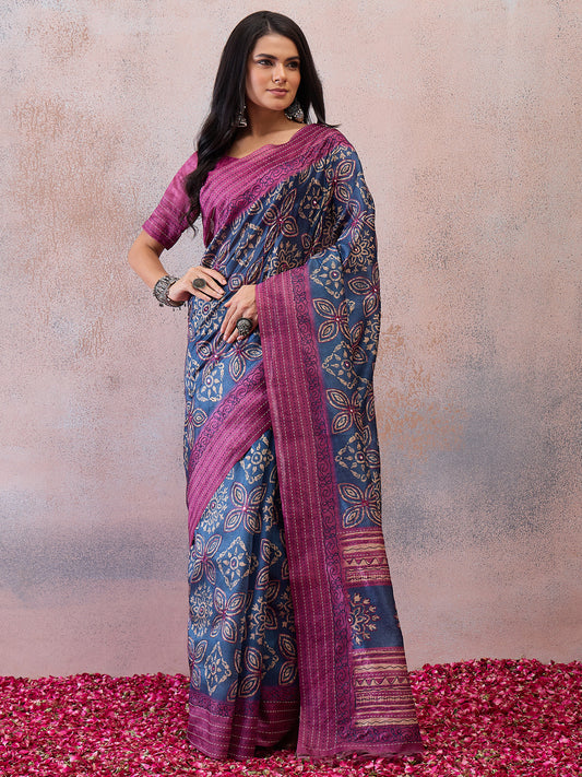 Indigo Blue Floral Motif Cotton Silk Saree