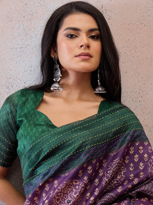 Royal Purple Geometric & Mandala cotton Silk Saree