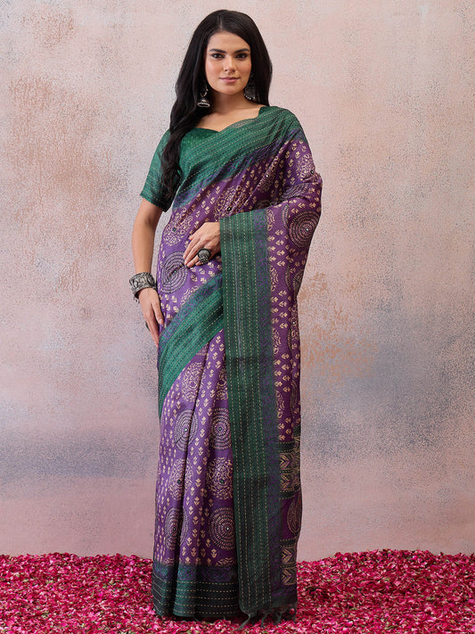 Royal Purple Geometric & Mandala cotton Silk Saree