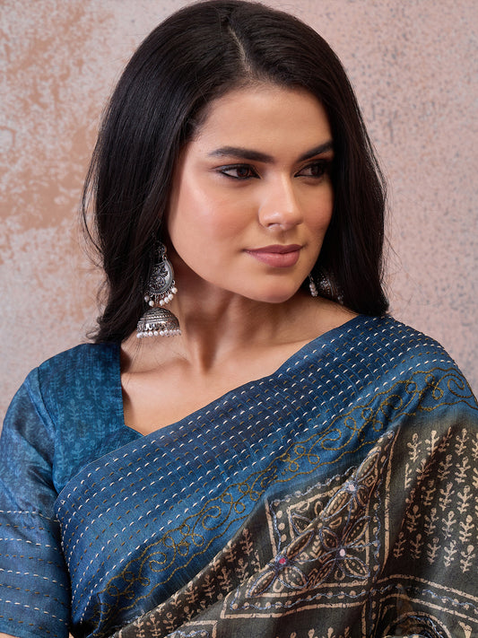 Olive Green Geometric & Tribal Printed Cotton Silk Saree
