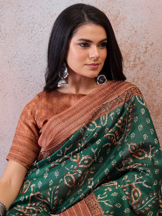 Emerald Green Kalamkari & Floral Cotton Silk Saree