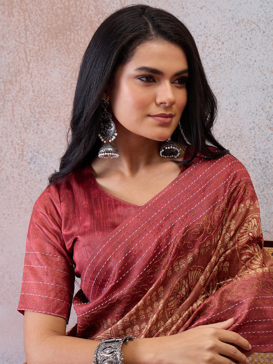 Rust Orange & Pink Geometric Floral Cotton Silk Saree