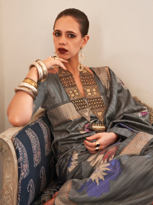Grey Banarasi Silk Blend  Saree