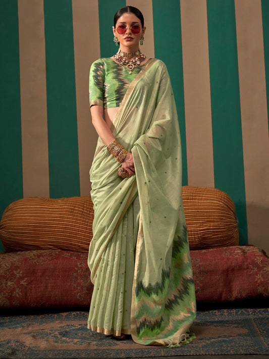 Sage Green Ikat Silk Saree with Chanderi Border