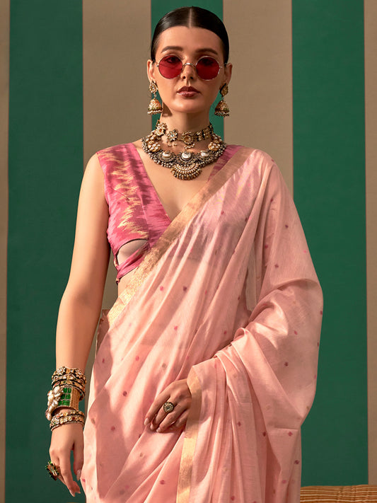 Light Pink Silk Blend Ikat Saree