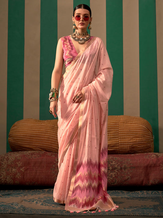 Light Pink Silk Blend Ikat Saree