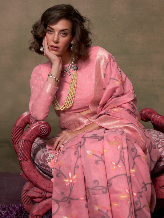 Pink Silk Blend Banarasi Saree