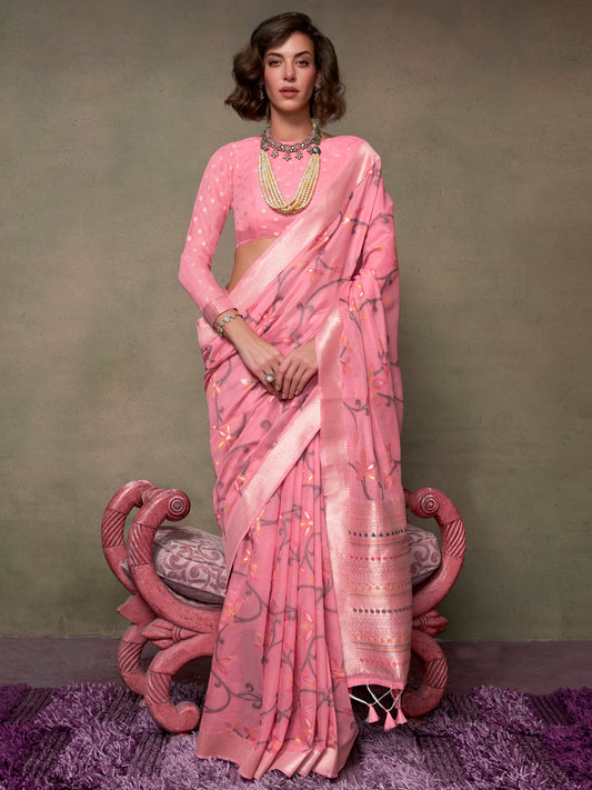 Pink Silk Blend Banarasi Saree