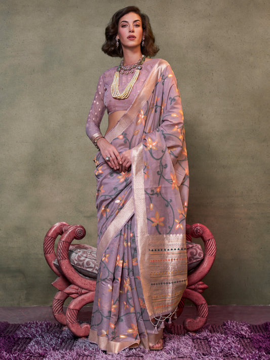 Dusty Lavender Silk Blend Heritage Banarasi Style Zari Woven saree