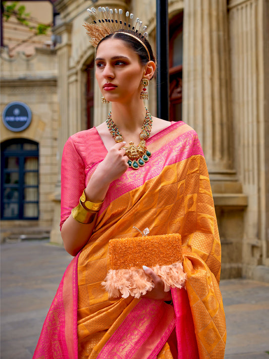 Mustard & Pink Silk Blend Heritage Banarasi Style Saree
