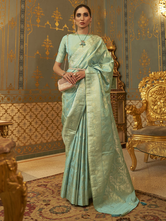 Sea Green Kanjivaram Woven Silk Blend Silver Zari Work Blouse Saree
