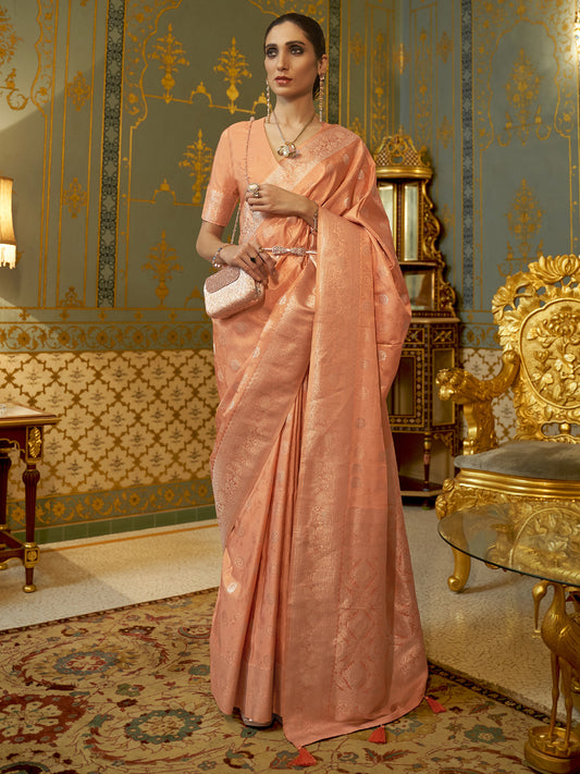Peach Banarasi Brocade Silk Saree