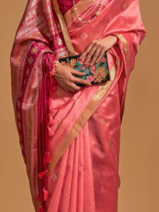 Coral Pink Silk Saree with Meenakari Zari Border