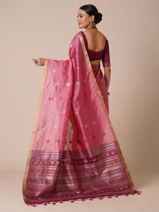 Pink Handwoven Silk Saree with Tribal Woven Pallu