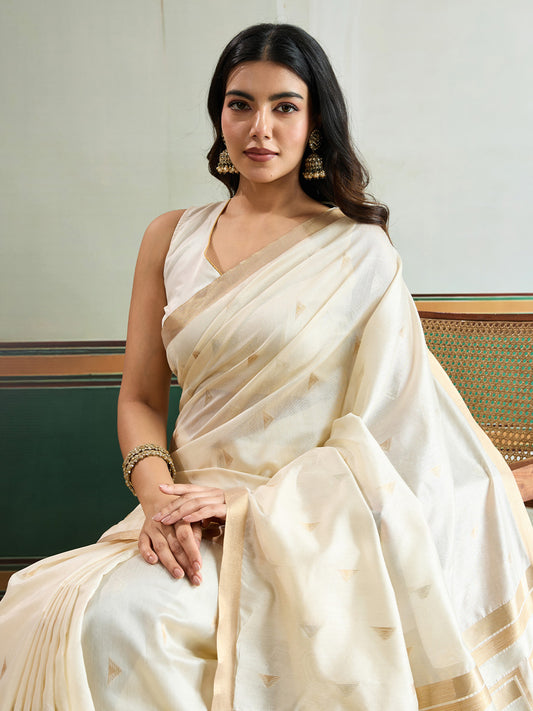 Ivory Silk Saree with Gold Zari Border