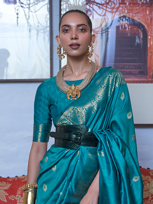 Teal Blue Banarasi Silk Zari Woven Saree